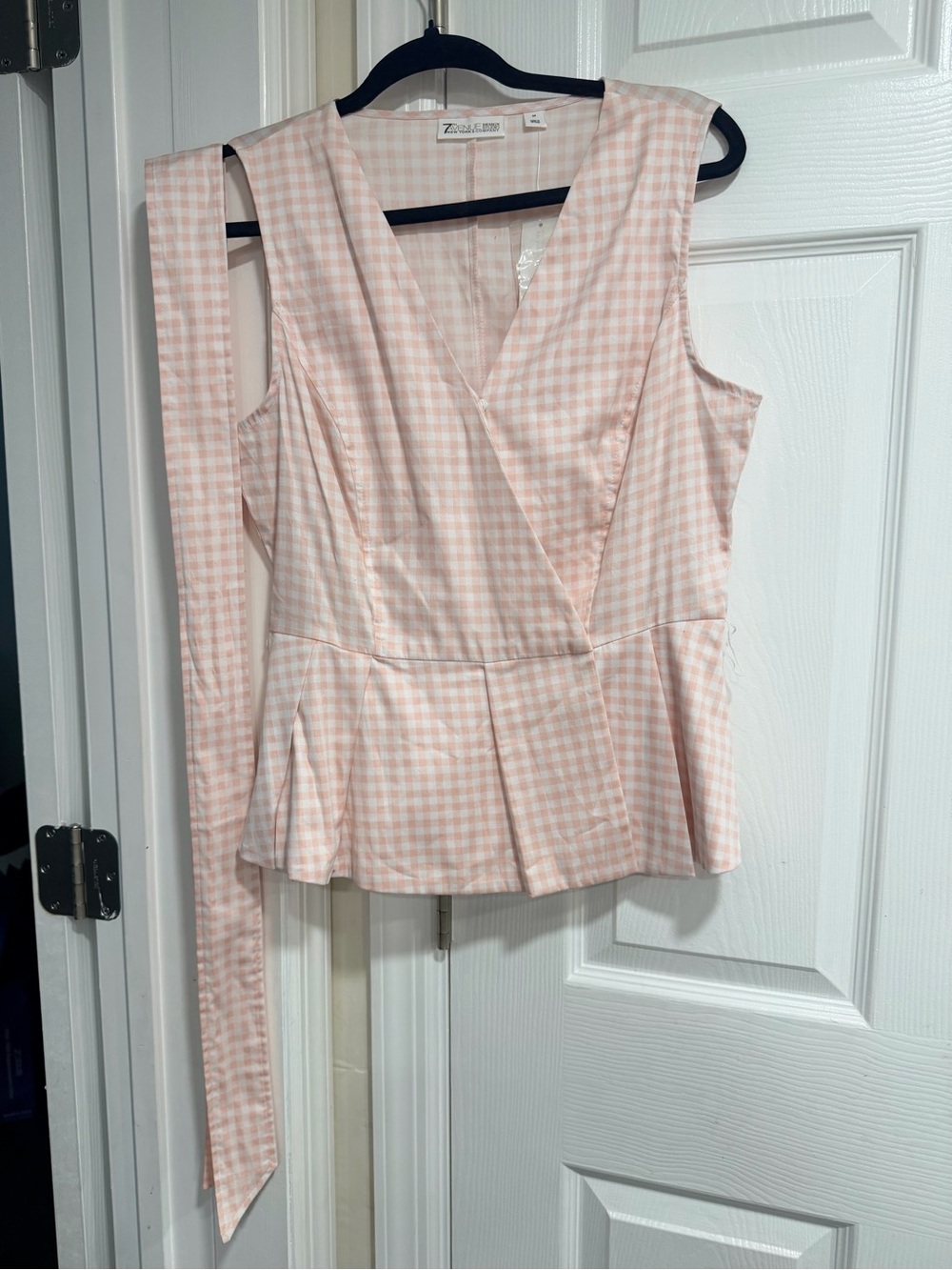 New York & Company Light Pink Gingham Peplum Wrap Camisole